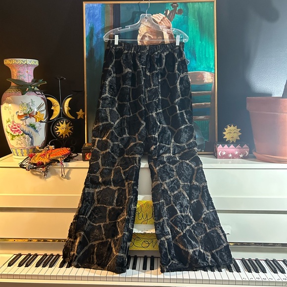 None Pants - Women's Handmade Black and BrownWide Leg Giraffe Print Fuzzy Flare Pants Large